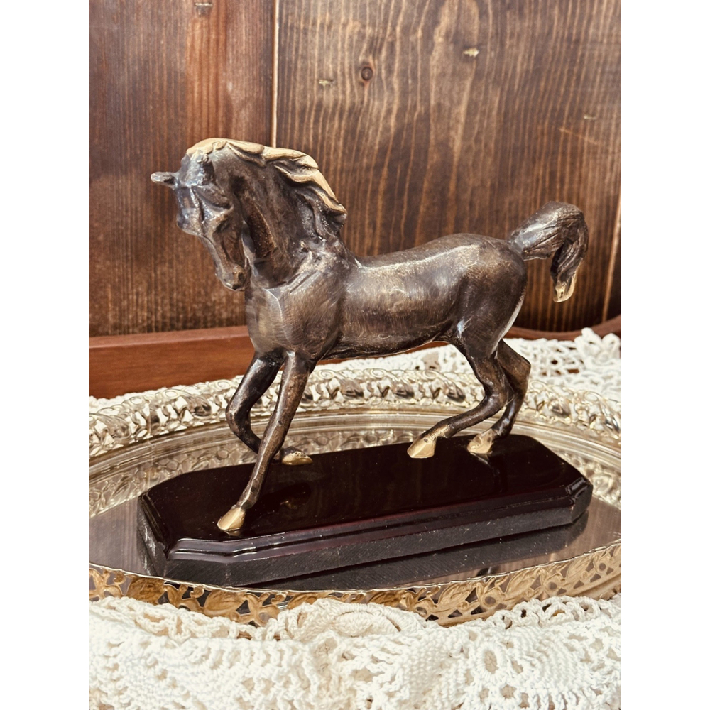 Vintage Solid Bronze Horse Sculpture On High Gloss Dark Wooden Base 7.5”x8.5”